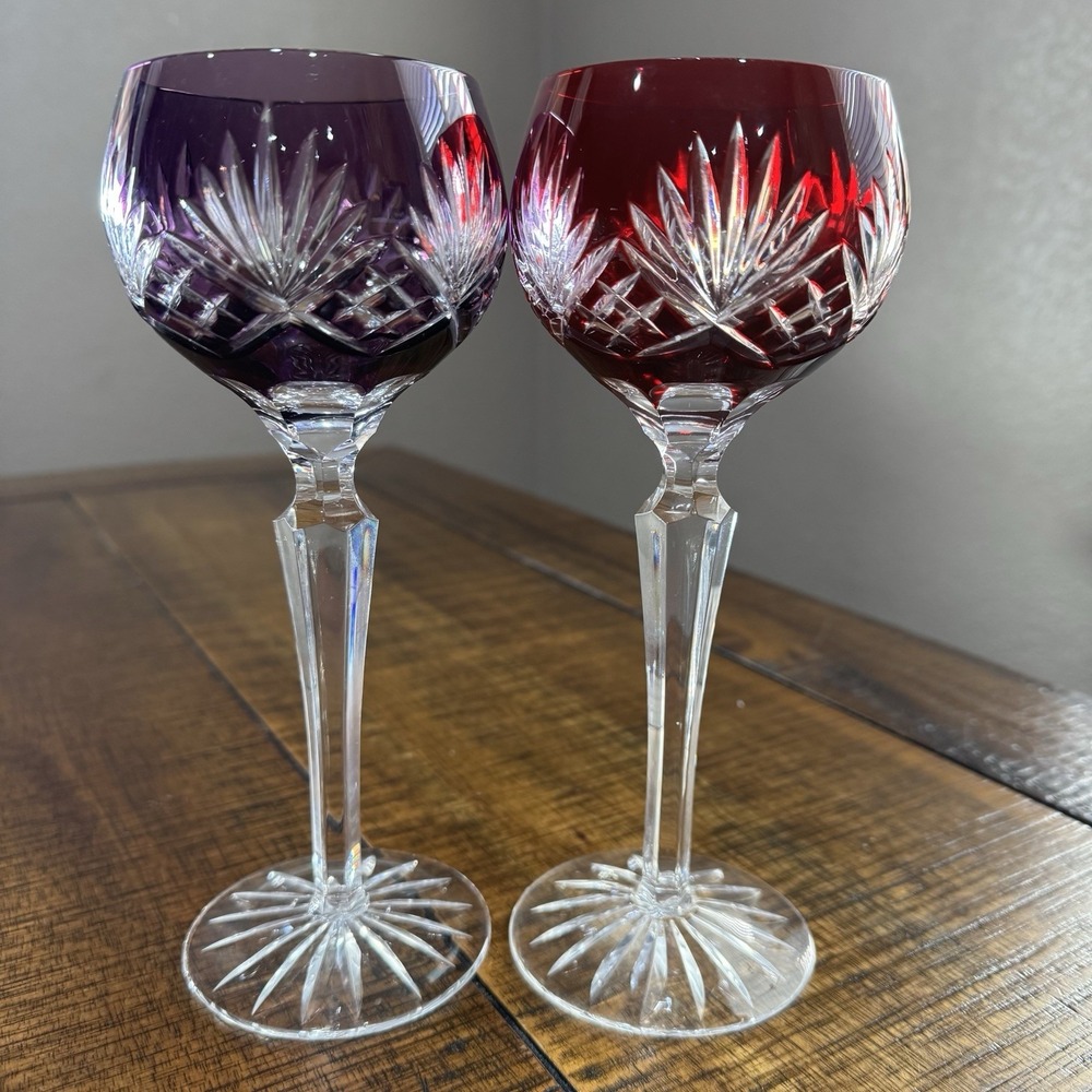 2 AJKA Fabergé‎ Odessa  Hungarian Crystal Hand-Blown Wine Glasses 8.3"